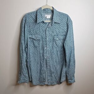 Wrangler Wrancher Pearl Snap Teal Geometric Button-Up Shirt Sz LARGE